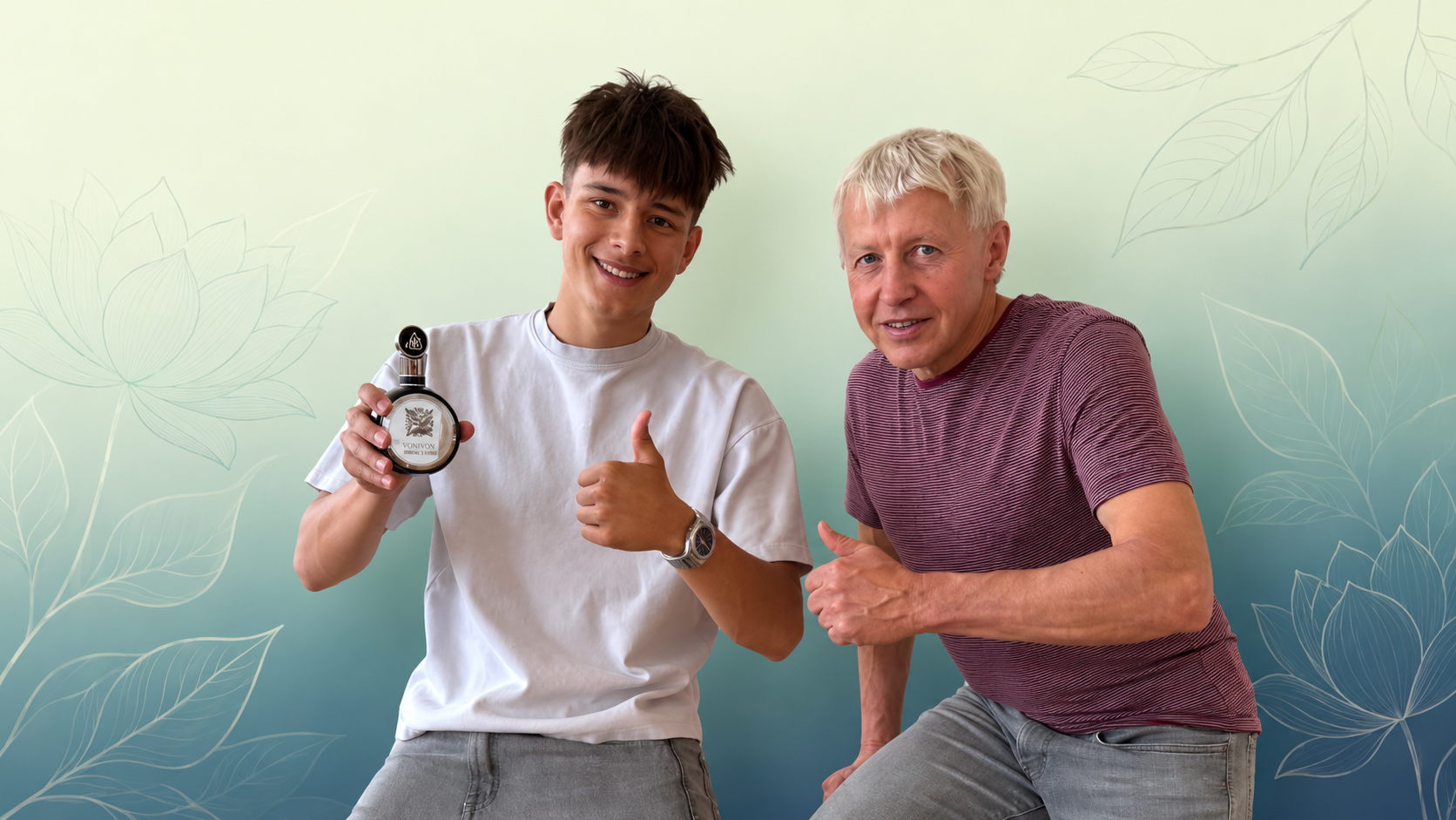Adam s parfémem Vonivon a panem Slavíkem na pozadí botanického motivu